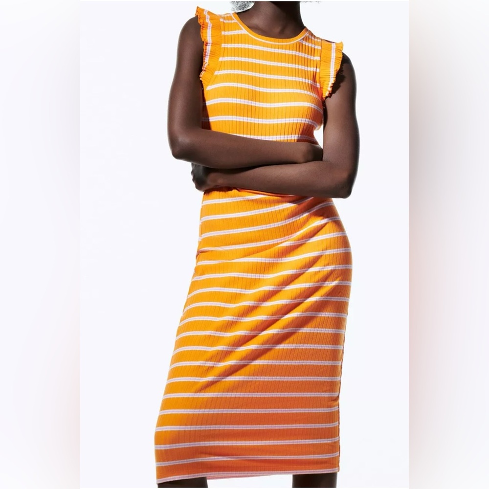 SOLD Zara Vibrant Orange and Pink Knit Dress Flutter Sleeves Sz M NEW - Picture 3 of 8
